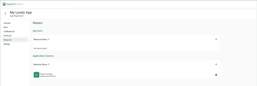 Assigning a business sponsor to an application in EasyLife 365 Identity.